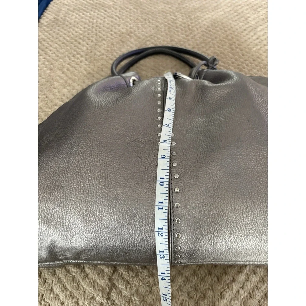 Michael Kors Metallic Pewter Pebbled Leather Studded Double Handle Tote Handbag